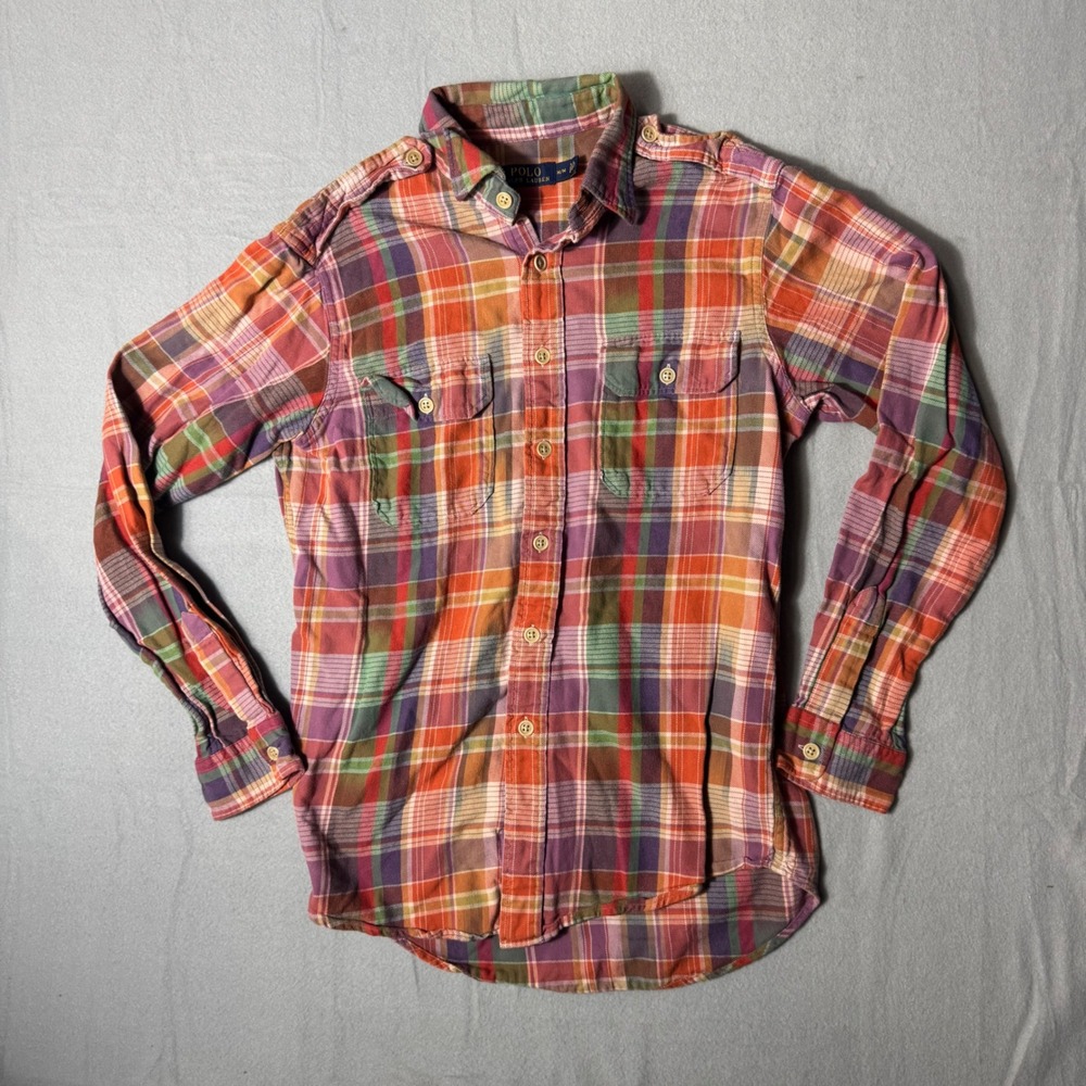 Polo Ralph Lauren Mens Plaid Button Down Shirt Orange Purple Epaulets Medium